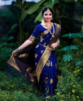 Royal Kanjivaram Golden Zari Woven Silk Saree With Blouse Piece  - BLUE