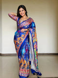 Zephyr Multicolor Chinon Silk Printed Mirror Work Saree - BLUE