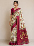 Temple-Tree Heritage Kalamkari Silk Saree with  Zari Border -  RED