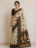 Temple-Tree Heritage Kalamkari Silk Saree with  Zari Border -  BLACK