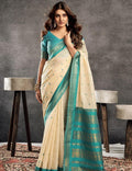 Royal Aqua Temple Border Saree  CREAM