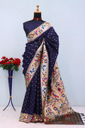 Royal Olive Paithani Banarasi Soft Silk Saree - NAVY BULE