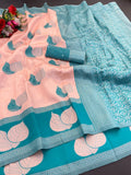 Premium Tissue Silk Kanjivaram Saree with Copper Zari - SKY & PEACH