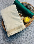 Elegant Off White Pure Shatin Silk Saree With Contrast Blouse - GREEN