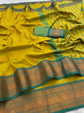 Premium Soft Banarasi Silk Yellow Saree with Copper Zari & Rich Pallu | Contrast Blouse