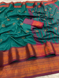 Premium Soft Banarasi Silk Green Saree with Copper Zari & Rich Pallu | Contrast Blouse