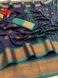 Premium Soft Banarasi Silk Blue Saree with Copper Zari & Rich Pallu | Contrast Blouse