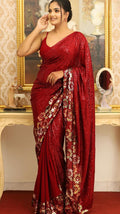 Elegant Red Sequin Saree with Multicolor Floral Border Work