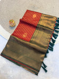 Radiant red & green Kanchipuram Pattu Silk Saree with Rich Zari Border