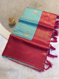 Radiant sky blue & Red Kanchipuram Pattu Silk Saree with Rich Zari Border