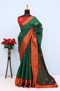 Royal Aqua Blue Banarasi Silk Saree with Contrast Purple Zari Border - GREEN