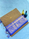 Mustard Gold Silk Saree with Blue Brocade Border BROWN