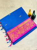 Mustard Gold Silk Saree with Blue Brocade Border  BLUE