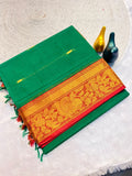 Mustard Gold Silk Saree with Blue Brocade Border  GREEN