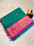 Mustard Gold Silk Saree with Blue Brocade Border   RAMA
