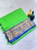 Mustard Gold Silk Saree with Blue Brocade Border   PARROT