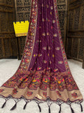 ✨ Elegant Soft Silk Wine Saree with Pashmina Work & Contrast Blouse ✨