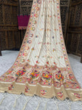 ✨ Elegant Soft Silk white  Saree with Pashmina Work & Contrast Blouse ✨