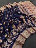 Traditional Banarasi Inspired Floral Weave Saree - Navy Blue
