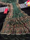 Royal Soft Silk Saree with Intricate Pashmina Work & Contrast Butti Blouse - green