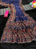 Royal Soft Silk Saree with Intricate Pashmina Work & Contrast Butti Blouse - BLUE