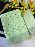 Blush Blossom Embroidered Linen Elegance Saree - PISTA