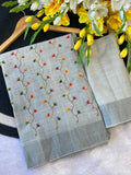 Grey Hand-Embroidered Floral Dress Material