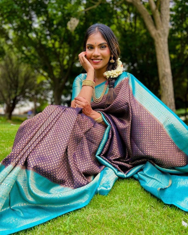 Dark Brown Colour Kanjivaram Woven Silk Saree With Blouse Piece
