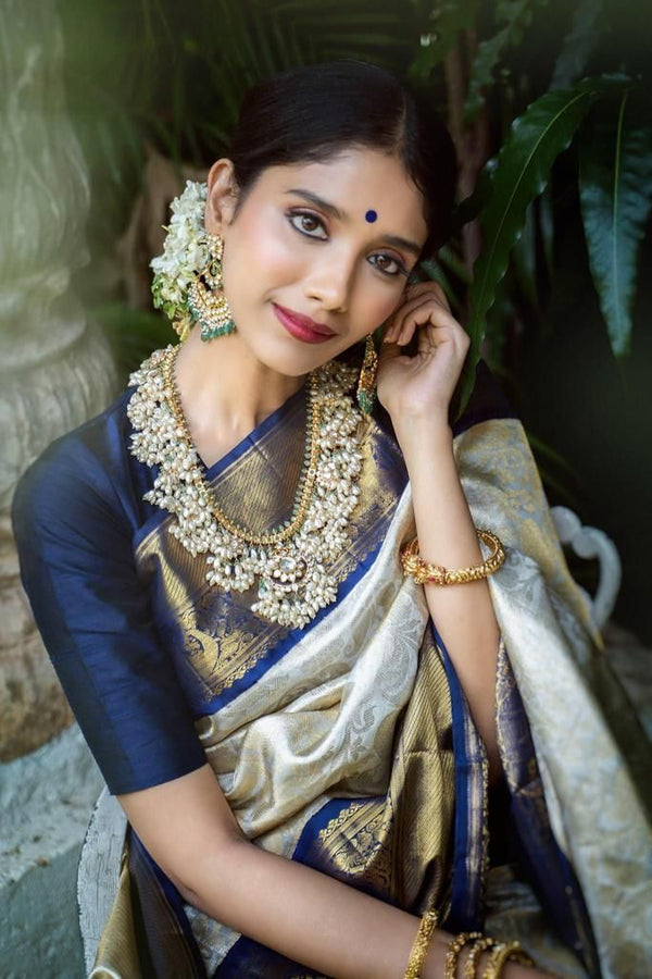 Cream and Blue Colour Kanjivaram Woven Silk Saree With Blouse Piece