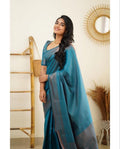 Beautiful Kanjivaram Woven Silk Saree With Blouse Piece - sky
