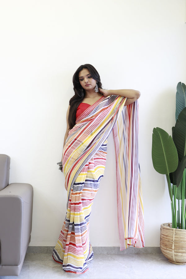 Comely 1-Minute Ready To Wear Yellow Georgette Saree