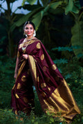 Royal Kanjivaram Golden Zari Woven Silk Saree With Blouse Piece  - BROWN