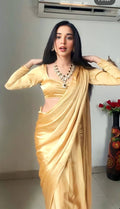 1-Min Satin Ready To Wear Saree With Blouse Piece - CREAM