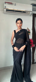 1-Min Georgette Ready To Wear Saree With Blouse Piece -  BLACK