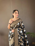 Pretty Black Color Banarasi Silk Zari Weaving Saree With Blouse Piece - black