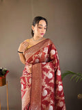 Pretty Maroon Color Banarasi Silk Zari Weaving Saree With Blouse Piece