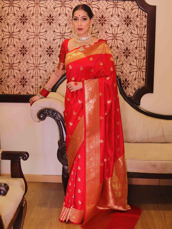 Floral Red Banarasi Saree with Contrast Border