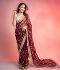 Elegant Space Satin Sequins Work Saree with Contrast Running Blouse- Maroon
