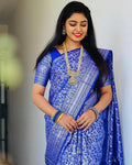 Traditional Banarasi Litchi Silk Saree With Blouse Piece - Blue