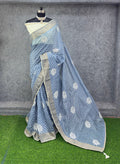 Elegant Gray  & White Printed Saree with Floral Buti Design