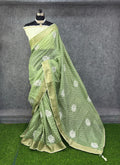 Elegant Olive Green & White Printed Saree with Floral Buti Design