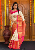 Festive Wear Kanjivaram Woven Silk Saree With Blouse Piece - WHITE PINK