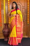 Festive Wear Kanjivaram Woven Silk Saree With Blouse Piece - YELLOW PINK