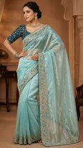 Designer Fandy Satin Saree with 3mm Sequins Pallu & Cutwork Border – SKY BLUE