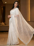 Elegant Pure Soft Net Saree with Original Beads Work & Designer Cutwork Border - WHITE