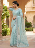 Elegant Pure Soft Net Saree with Original Beads Work & Designer Cutwork Border - SKY BLUE