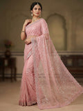 Elegant Pure Soft Net Saree with Original Beads Work & Designer Cutwork Border - PINK
