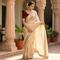 Elegant Fandy Satin Saree with Sequins Butti & Designer Lace Border – OFF WHITE