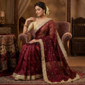 Elegant Fandy Satin Saree with Sequins Butti & Designer Lace Border – MAROON