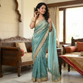 Elegant Fandy Satin Saree with Sequins Butti & Designer Lace Border - SKY